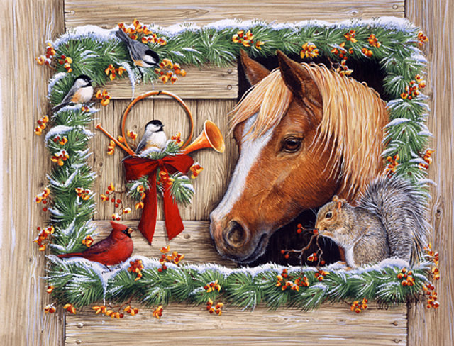 рождественские животные - рождество, птички, белка, лошадь, животные, рождественский венок, зима - оригинал