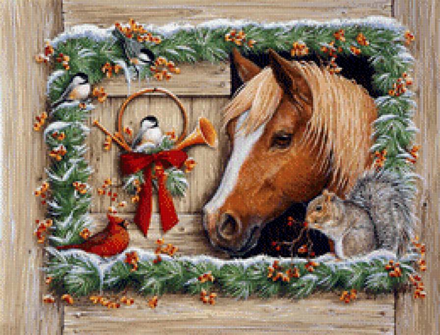 рождественские животные - рождество, зима, лошадь, птички, белка, животные, рождественский венок - предпросмотр