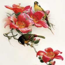 Птички на ветке с цветами. Зеркало-1.