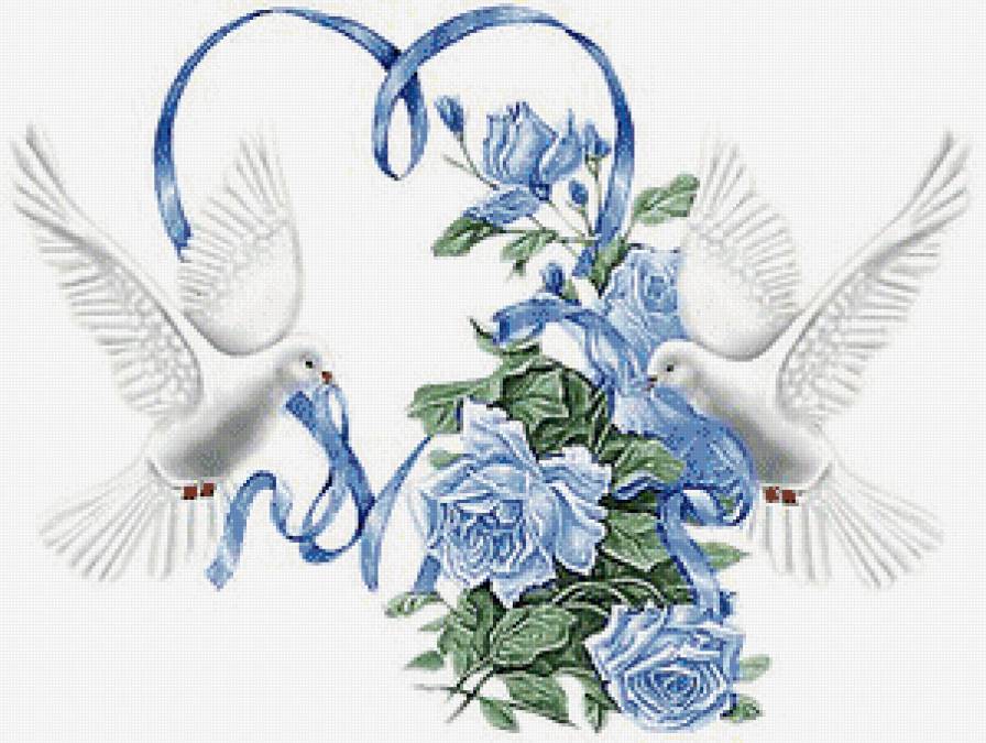 любовь и голуби - голуби, любовь, синие цветы, птицы, свадьба, сердце, розы, пара - предпросмотр