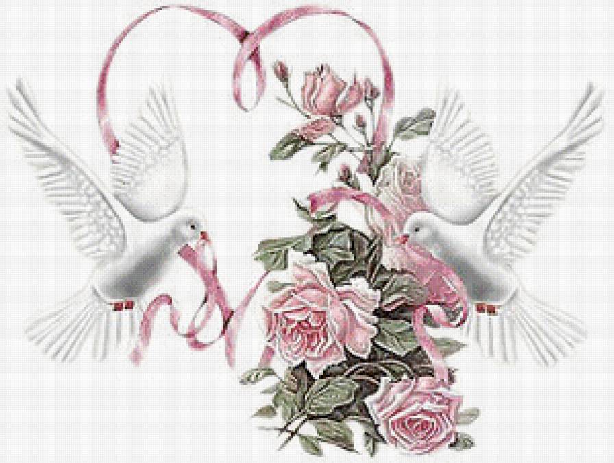 любовь и голуби - свадьба, голуби, птицы, сердце, розы, любовь, пара, розовые цветы, роза - предпросмотр