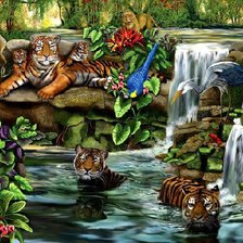 Схема вышивки «тигры у водопада»