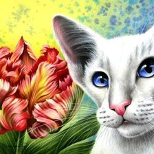 Оригинал схемы вышивки «Кошка и Цветы» (№497107)