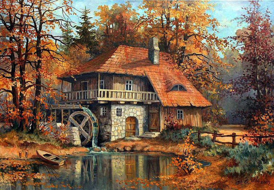 Багряная осень - осень, дом, пейзаж, озеро, мельница - оригинал