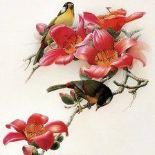 Схема вышивки «Птички на ветке с цветами. Зеркало-2.»