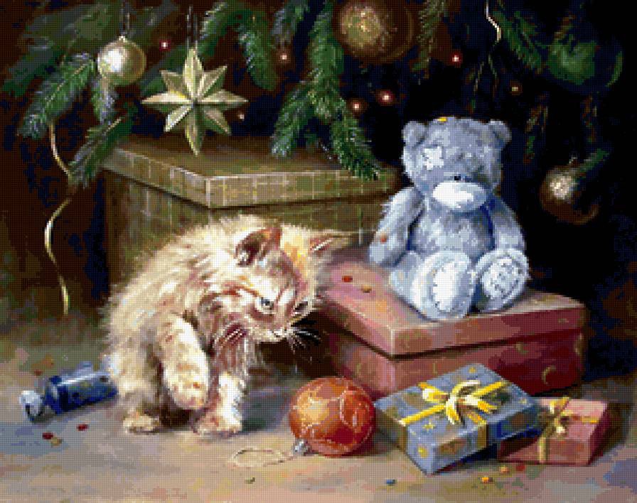 новый год - рождество, подарки, снег, котенок, елка, новый год, елочка - оригинал
