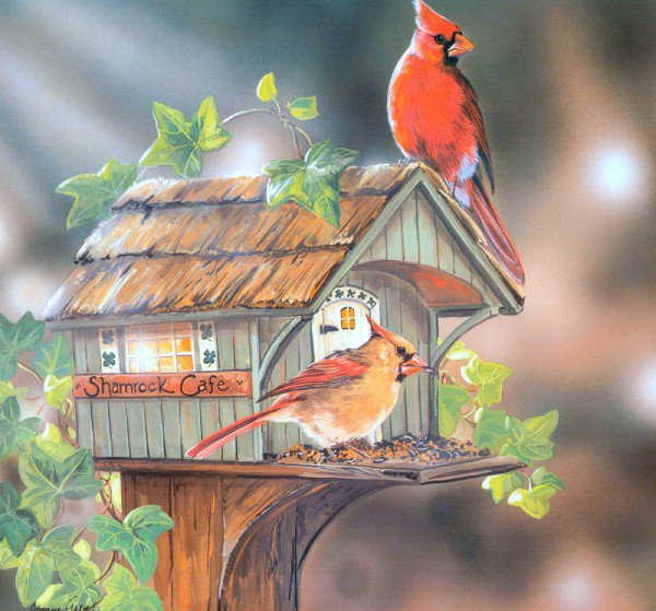 Серия "Птичий домик" - домик, кардиналы, птицы - оригинал