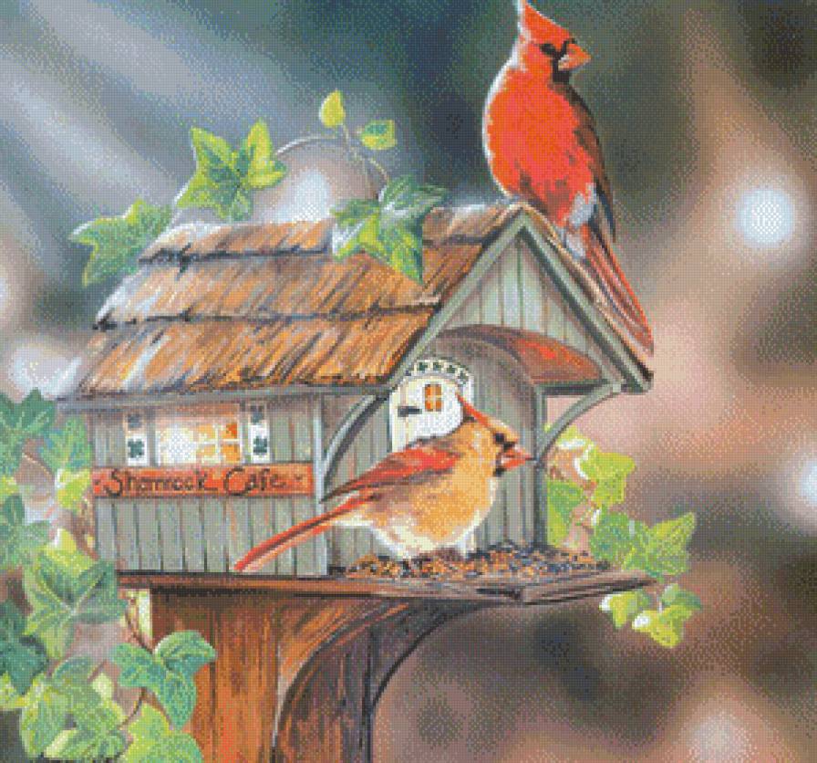 Серия "Птичий домик" - домик, кардиналы, птицы - предпросмотр