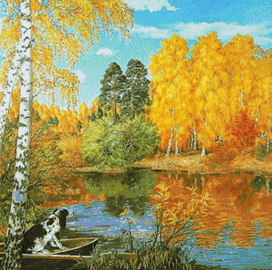 Осень (живопись) - пейзаж, живопись, лес, река, собаки, осень, животные - предпросмотр