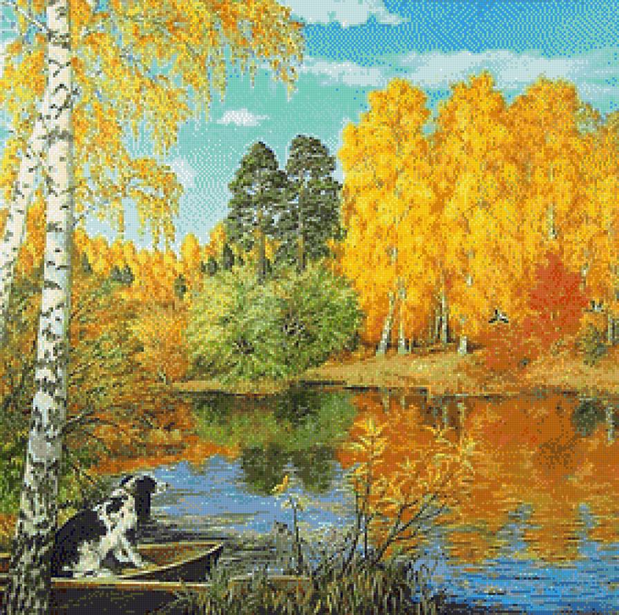 Осень (живопись) - животные, живопись, собаки, картины, осень, река, пейзаж, лес - предпросмотр