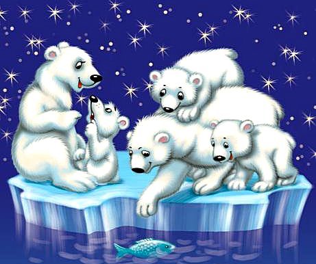Белые мишки - животные, медведи, звезды, море, льдина - оригинал