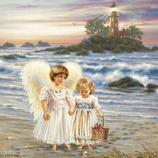 Схема вышивки «девочка и ангел на морском берегу»