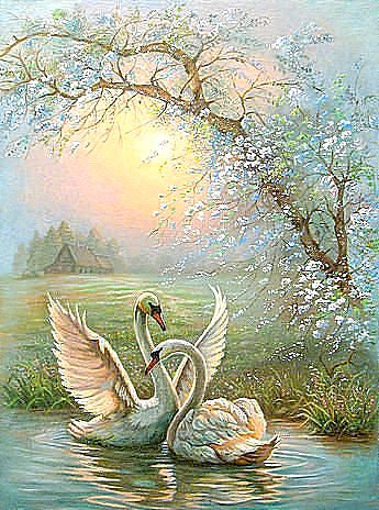 Лебединая песня - цветы, пейзаж, лебеди, озеро, весна - оригинал