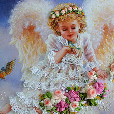 Схема вышивки «ангел с птичкой и гирляндой из роз»