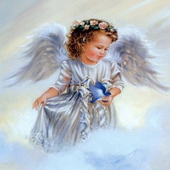 ангел и синяя птица - птичка, цветы, гирлянда, дона гелсингер, синяя птица, ангел, праздник - оригинал