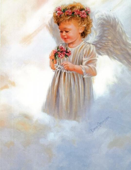ангелок с букетом - дона гелсингер, ангел, религия, букет, девочка, цветы, дети - оригинал