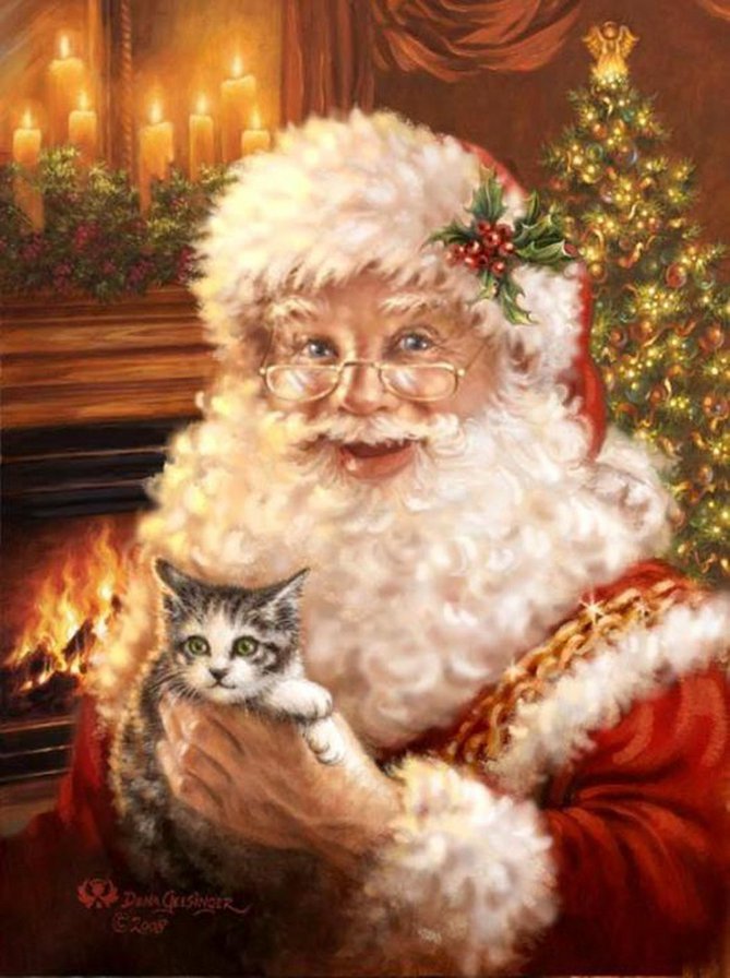 санта с котёнком - дона гелсингер, санта клаус, зима, рождество, новый год, дед мороз - оригинал