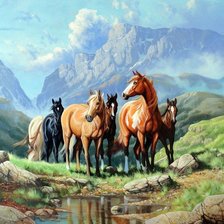 Схема вышивки «лошади в горах»