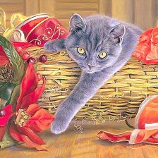 Оригинал схемы вышивки «Кот в рождественской корзине» (№533778)