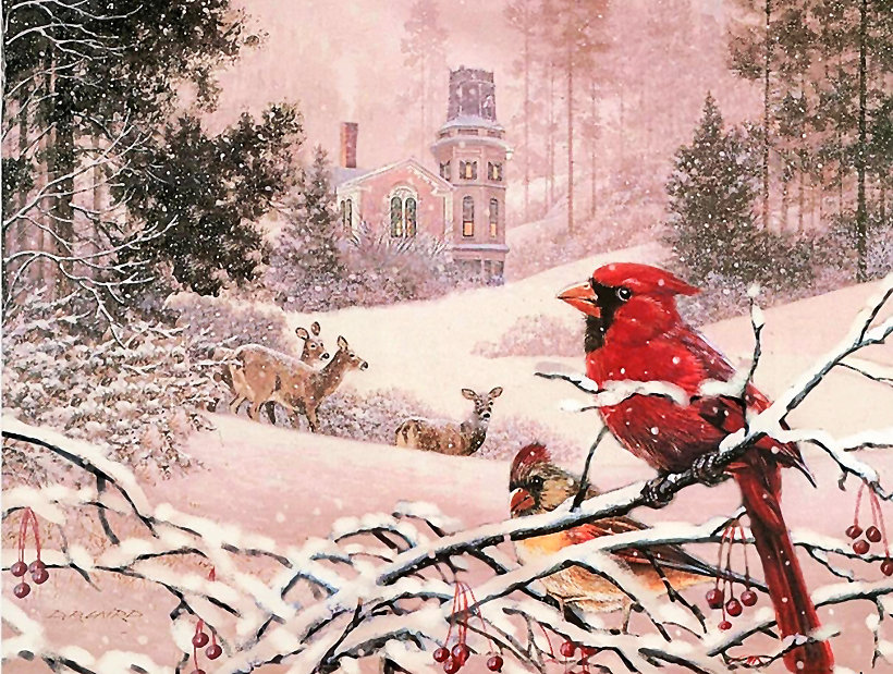 Серия "Зимний пейзаж" - птицы, кардиналы, зима, пейзаж, домик, олени - оригинал