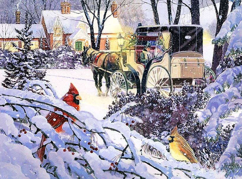 Серия "Зимний пейзаж" - лошади, домик, птицы, животные, зима, кардиналы, пейзаж - оригинал