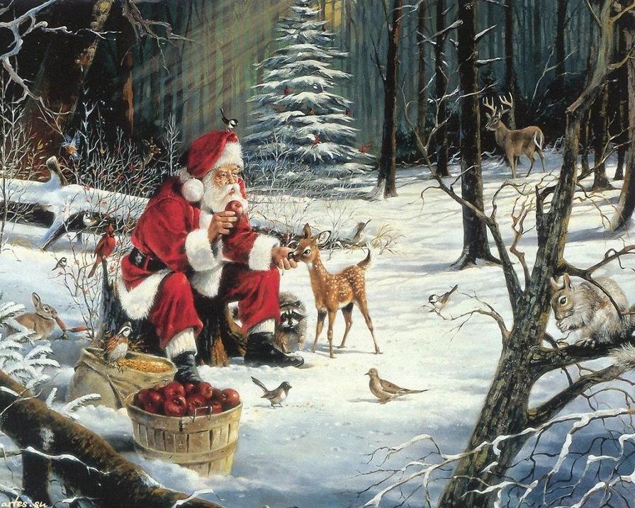санта в зимнем  лесу - новый год рождество, дед морз, санта клаус, подарки.зверюшки, праздн - оригинал