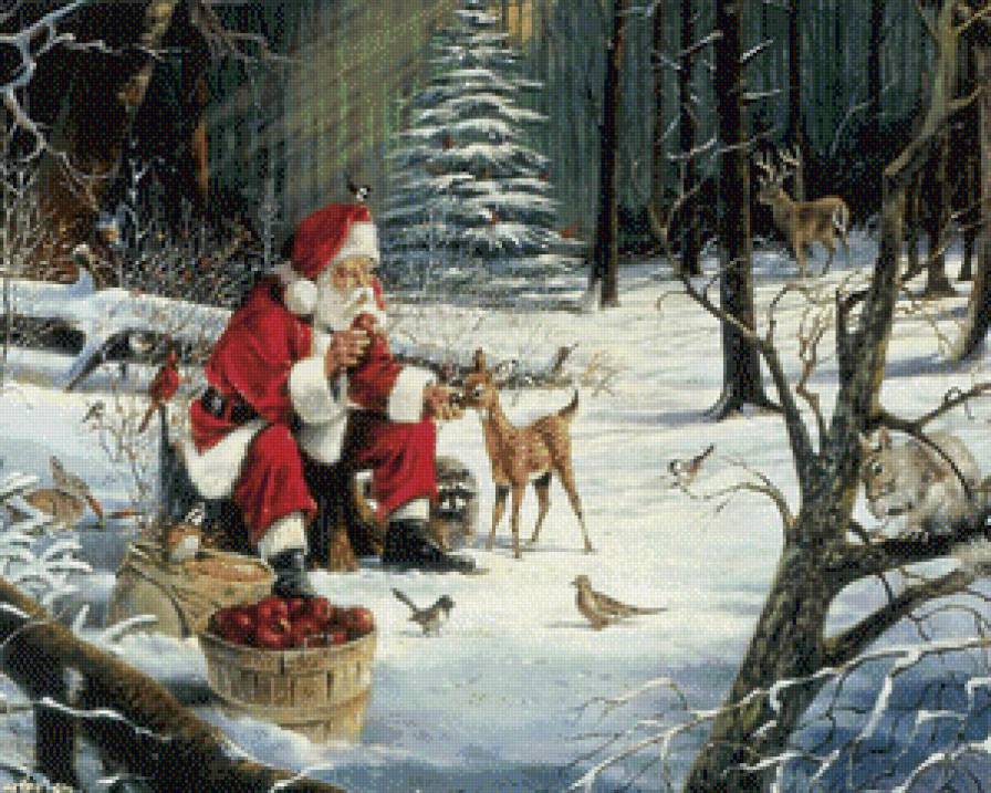 санта в зимнем  лесу - санта клаус, дед морз, новый год рождество, праздн, подарки.зверюшки - предпросмотр