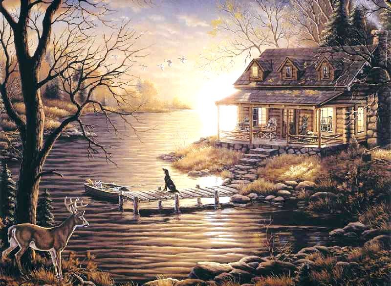 осень на озере - озеро, олени, осень, дом, пейзаж - оригинал