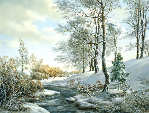 мхаил сатаров 2 река у пригорка - пейзаж, михаил сатаров, картина, зима, горы, природа, снег, лес - оригинал