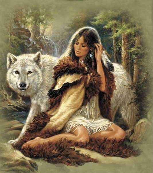 в гармонии с природой - волк, индеанка, белый волк, девушка, индейцы, женщина, хищник - оригинал