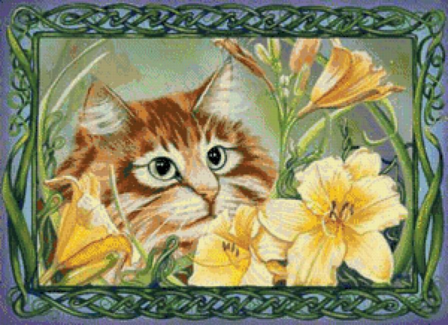 кошачий портрет - котики, цветы, портрет - предпросмотр