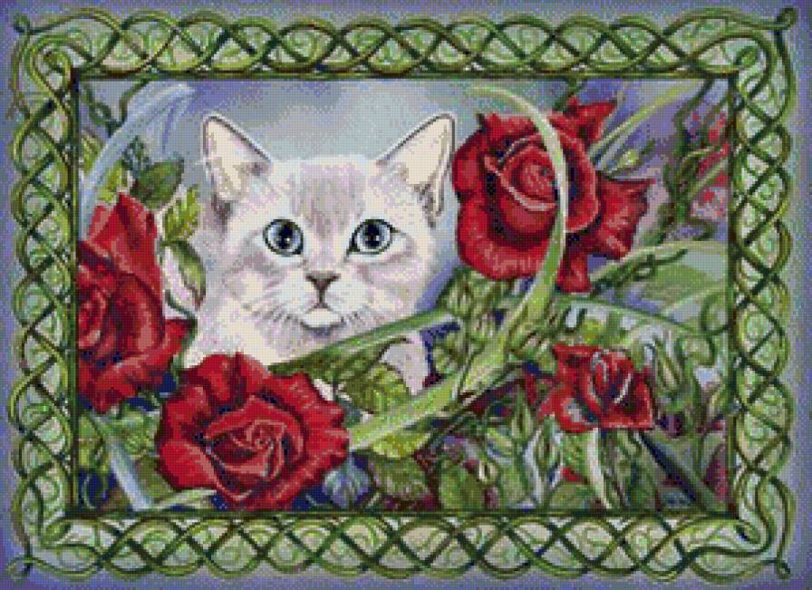 кошачий портрет - котики, портрет, цветы - предпросмотр