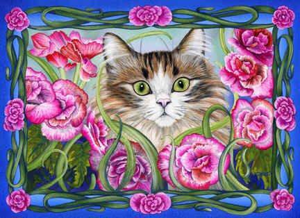 кошачий портрет - цветы, котики, портрет - оригинал