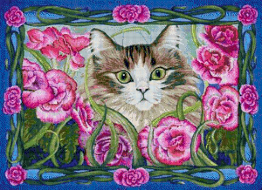 кошачий портрет - цветы, портрет, котики - предпросмотр