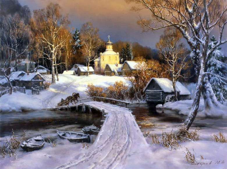Михаил Сатаров. пейзаж 3. - пейзаж, сатаров, зима, снег, село, храм - оригинал