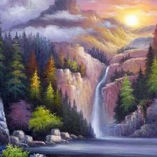 Схема вышивки «горный пейзаж с водопадом»