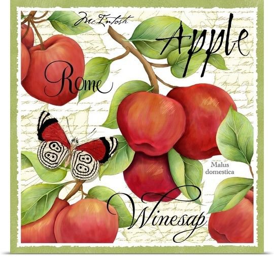 картинка на кухню - красные, рамка, бабочка, надпись, листья, зеленые, яблоки - оригинал