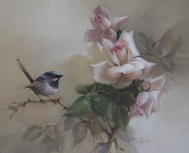 Нежность - картина, птицы, розы - оригинал