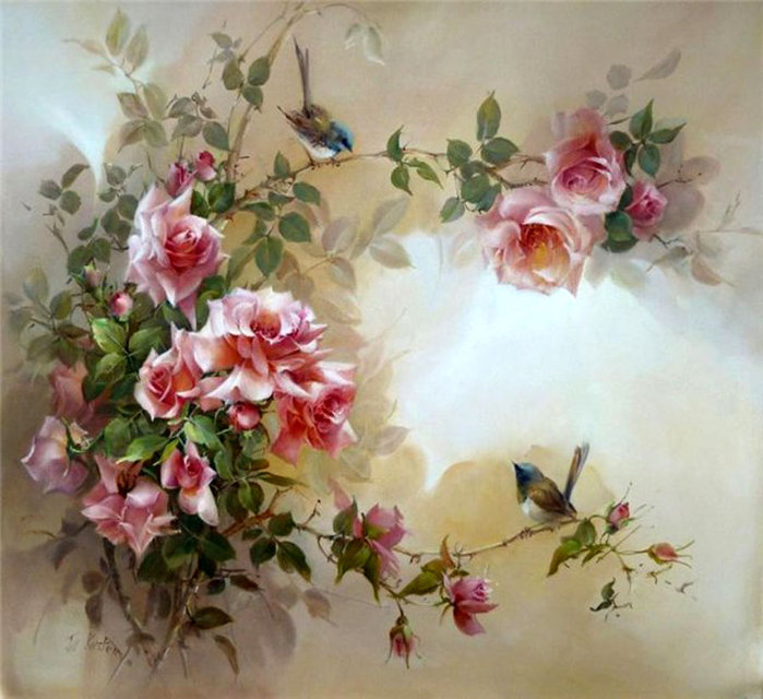 Нежность - розы, картина, птицы - оригинал