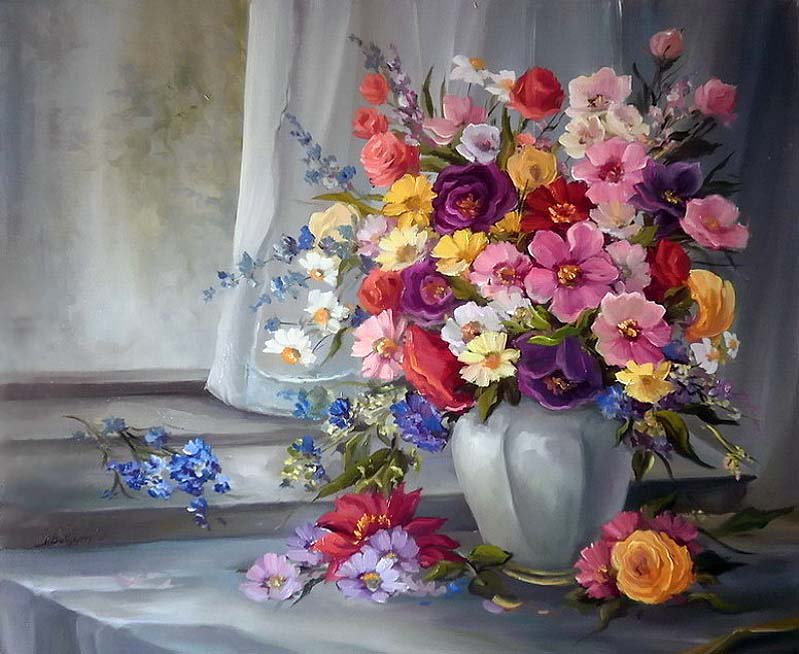ваза с цветами - цветы, ваза, натюрморт, живопись, букет, картина - оригинал