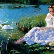 Схема вышивки «девушка у озера с лебедями»