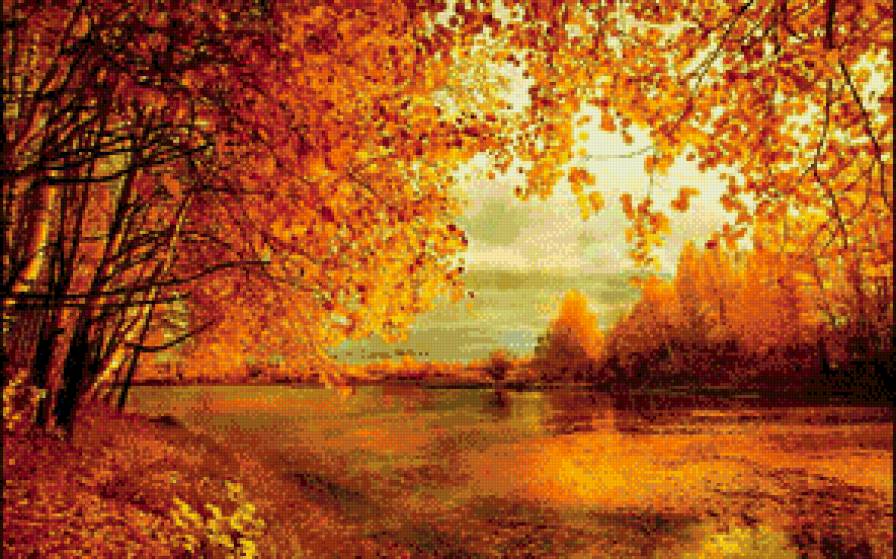 Осень на реке - днревья, осень, листья - предпросмотр