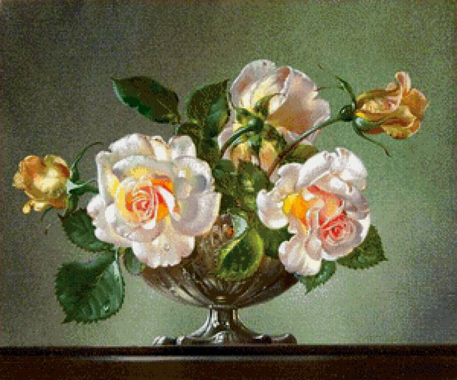 розы в вазе - цветы, живопись, розы, натюрморт, ваза, букет - предпросмотр
