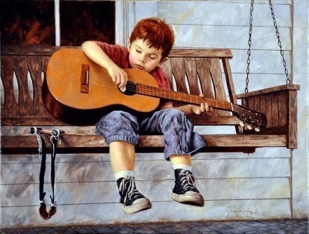 мальчик с гитарой - ребенок, гитара, скамейка, мальчик, музыка, детское - оригинал