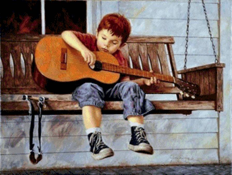 мальчик с гитарой - гитара, скамейка, мальчик, музыка, ребенок, детское - предпросмотр