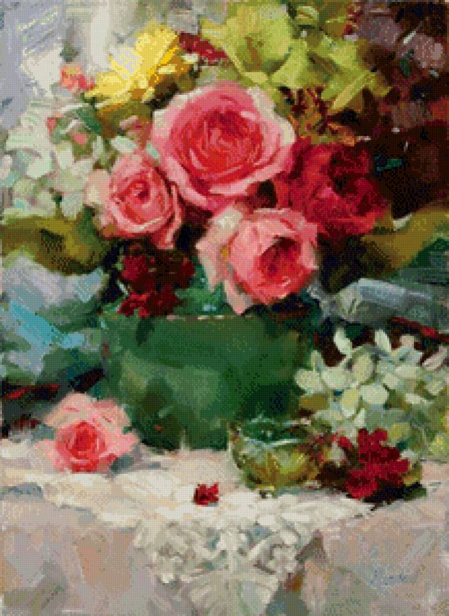 букет роз в вазе - букет, цветы, розы, живопись, натюрморт, ваза - предпросмотр