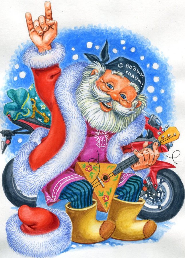 дед мороз - мотоцикл, зима, новый год, дед мороз, открытка - оригинал