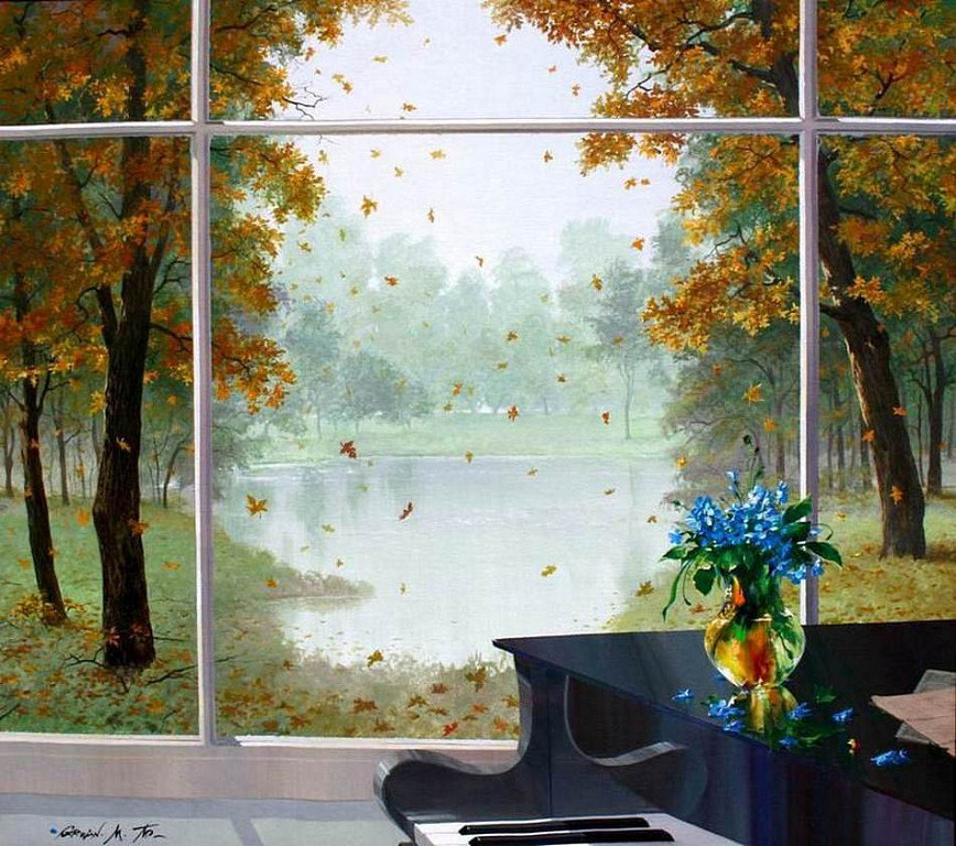 Вид из окна - окно, осень, рояль - оригинал