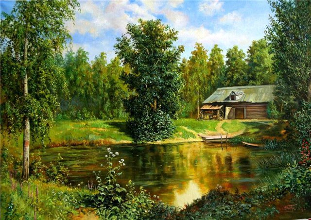 Дом у реки - лес, летний пейзаж, река - оригинал
