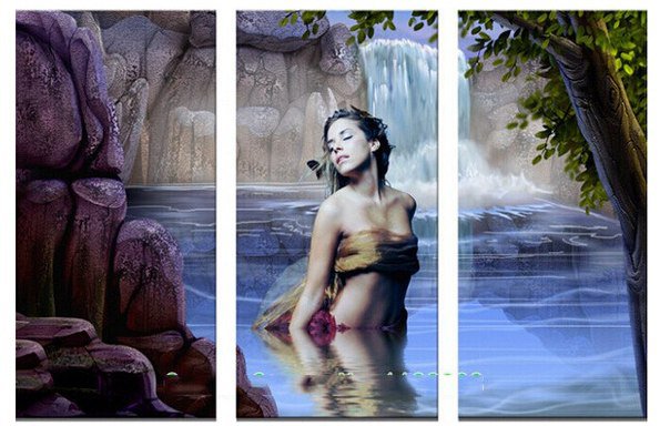 девушка - девушка, триптих, пейзаж, водопад, природа - оригинал